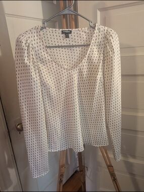 Express White Scoop Neck Long Sleeve Top with Black Dot Print